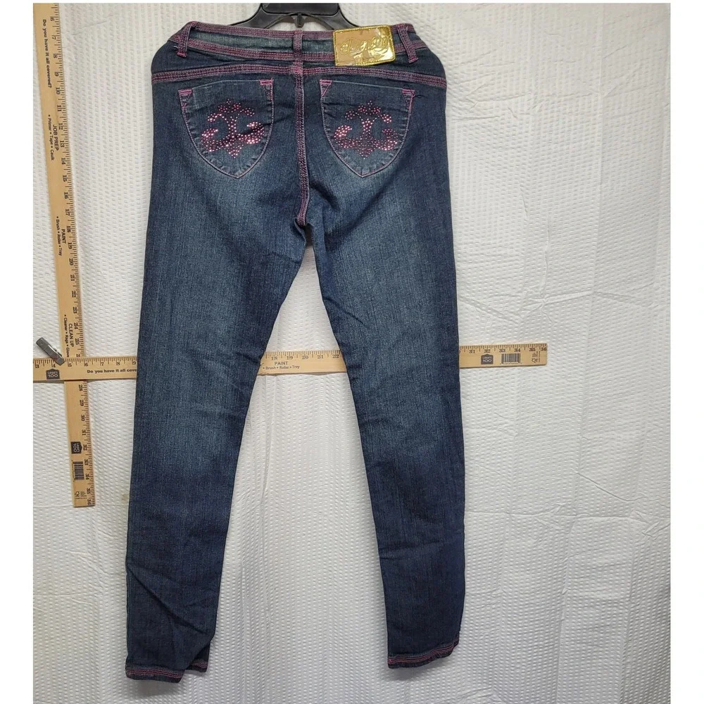 Dereon Dark Wash Pink Stitch Rhinestone Skinny Jeans Womens 7/8 RARE Y2K - Picture 3 of 4